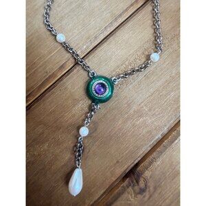 Silver Chain Necklace W/ Green Pendant Purple Gemstone & Pearl Drop Adjustable C